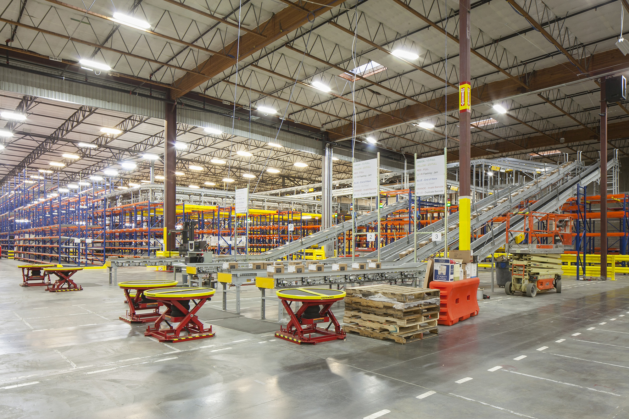 Interior view of warehouse with sorting equipment at Southern Wine and Spirits