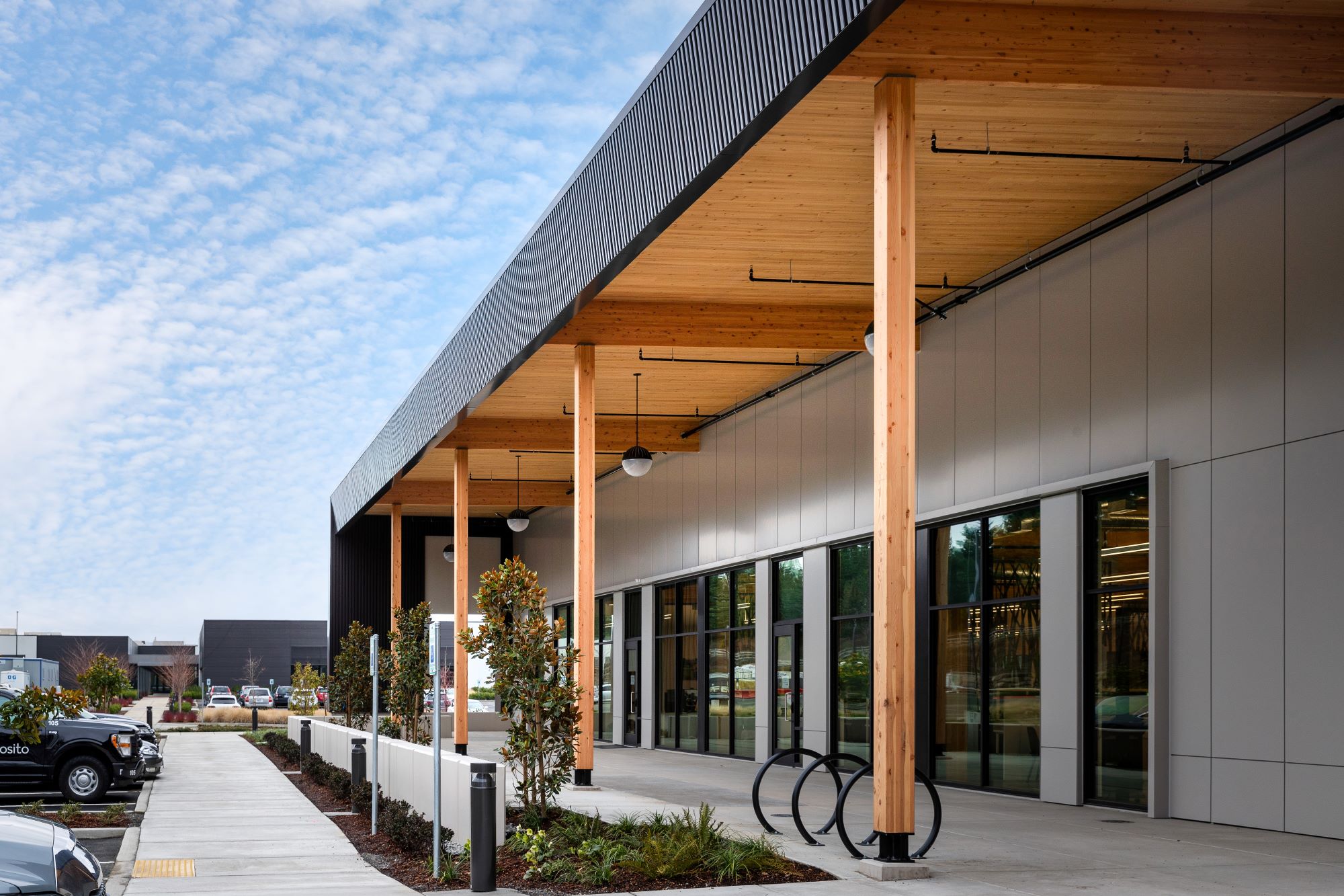 Columbia Tech Center exterior showing bike racks and parking